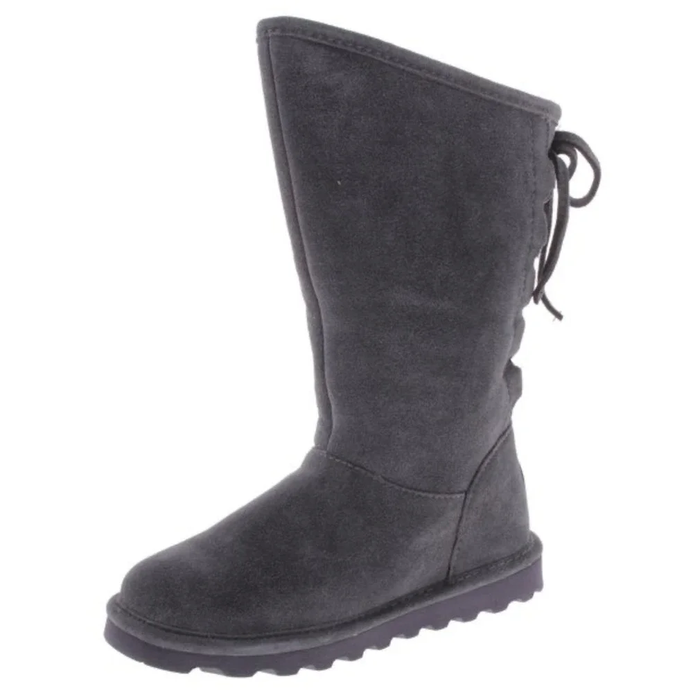 Bearpaw Women Charcoal Gray Suede Lace Back NeverWet Mid Calf Boots NWT Sz 7